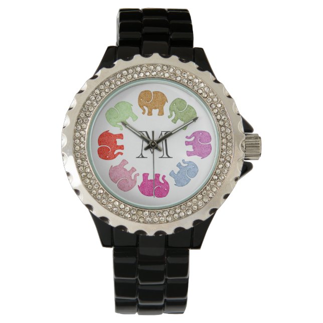 Cute trendy girly colourful elephants monogram watch (Front)
