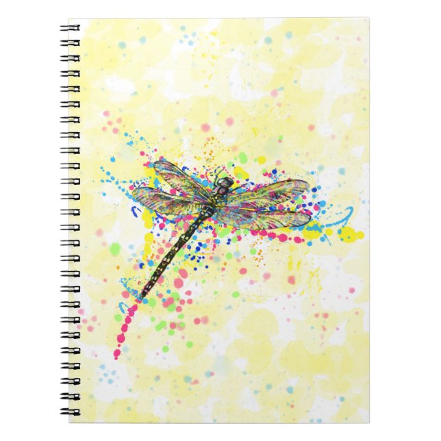 Cute trendy girly watercolor splatters dragonfly spiral notebook (Front)