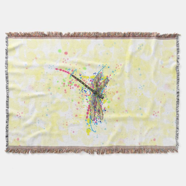 Cute trendy girly watercolor splatters dragonfly throw blanket (Front)