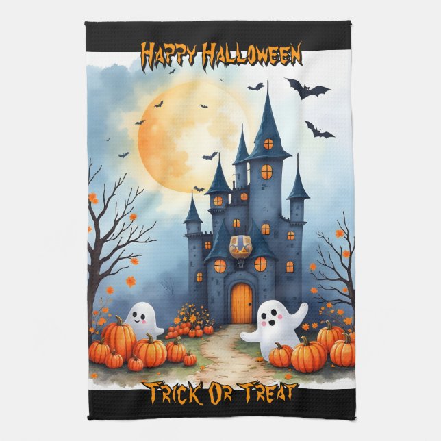 Cute Trendy Halloween Spooky Collection Tea Towel (Vertical)