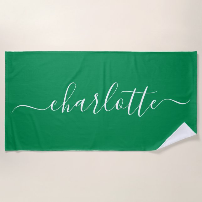 Cute Trendy Kelly Green Script Name Personalised  Beach Towel (Front)