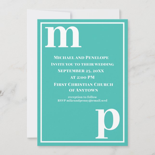 Cute Trendy Monogram Turquoise Blue Wedding   Invitation (Front)