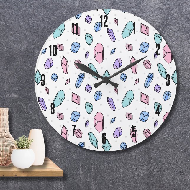 Cute Trendy Pastel Gemstones Gems Crystal Pattern Large Clock (Cute Trendy Pastel Gemstones Gems Crystal Pattern Large Clock)