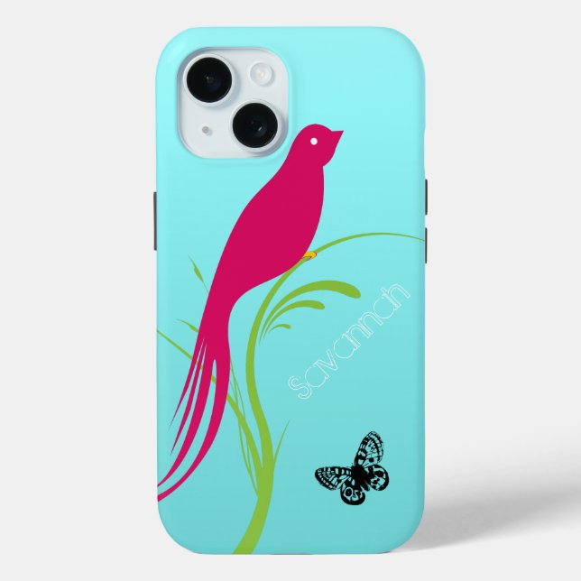 Cute Trendy  Pink Swallow Bird Butterfly on Aqua Case-Mate iPhone Case (Back)