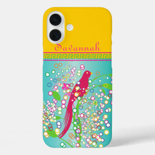 Cute Trendy Pink Swallow Bird Circle Burst Aqua iPhone 16 Plus Case