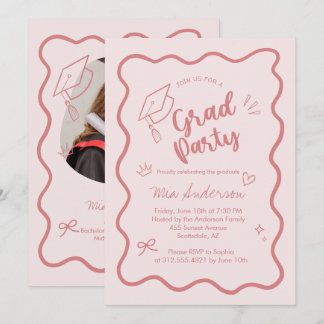 Cute Trendy Pink Wavy Border Graduation Invitation