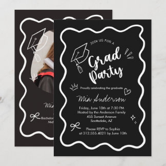 Cute Trendy Pink Wavy Border Graduation Invitation