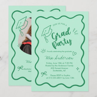 Cute Trendy Pink Wavy Border Graduation Invitation