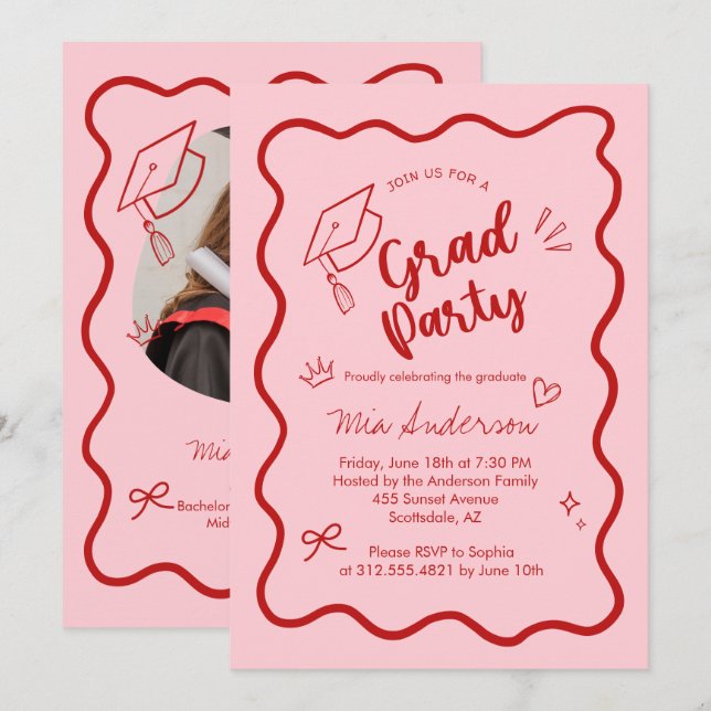 Cute Trendy Pink Wavy Border Graduation Invitation (Front/Back)