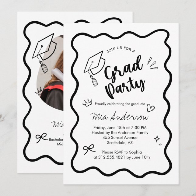 Cute Trendy Pink Wavy Border Graduation Invitation (Front/Back)