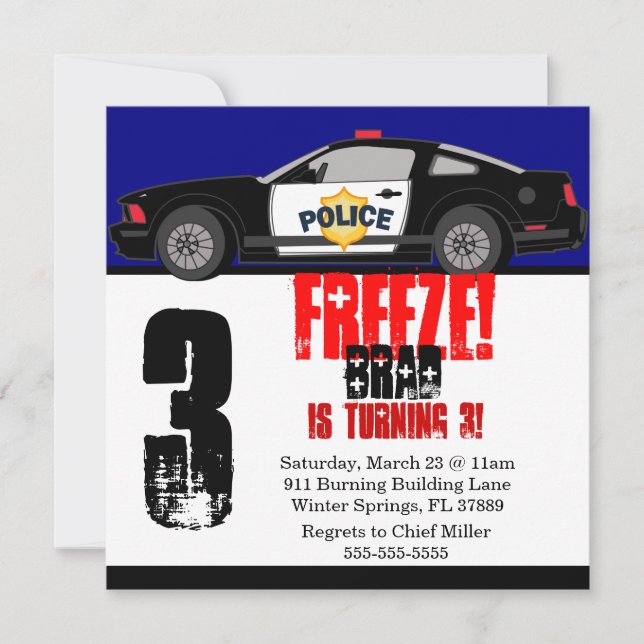 Cute Trendy Police Car Birthday Party Invitation (Front)