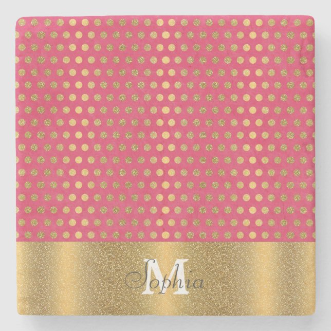 Cute trendy polka dots faux gold glitter pattern stone coaster (Front)
