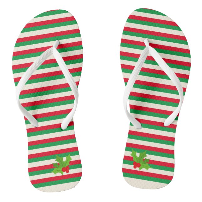 Cute Trendy Red and Green Stripe Christmas Holly Jandals (Footbed)