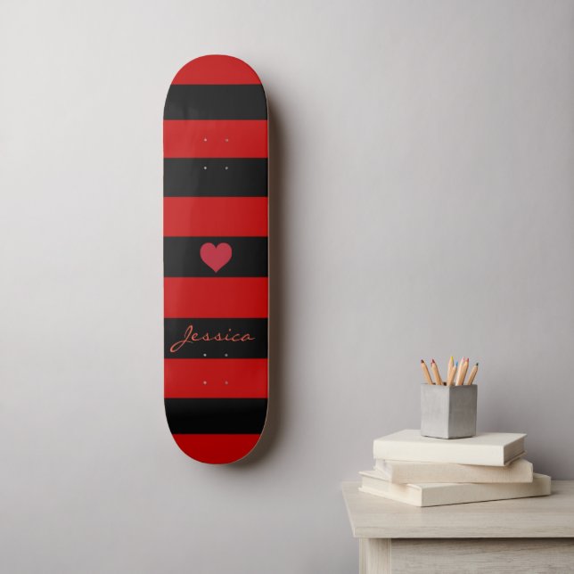 Cute Trendy Red Black Stripes Heart Personalised Skateboard (Wall Art)