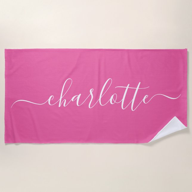 Cute Trendy Script Name Personalised Hot Pink Beach Towel (Front)
