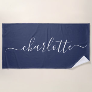 Cute Trendy Script Name Personalised Navy Blue Beach Towel