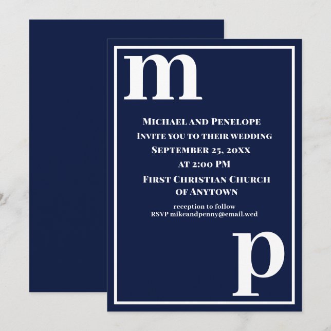 Cute Trendy Stylish Monogram Navy Blue Wedding   Invitation (Front/Back)