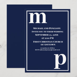 Cute Trendy Stylish Monogram Navy Blue Wedding   Invitation