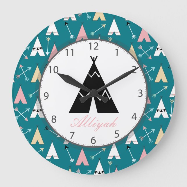 Cute Trendy Teepees and Arrows Script Name Large Clock (Front)