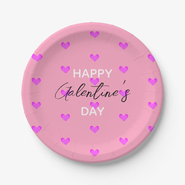 Cute Trendy Typography Pink Happy Galentines Day Paper Plate (Front)
