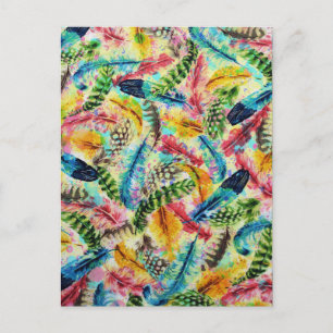 Cute trendy watercolor splatters tribal feathers postcard