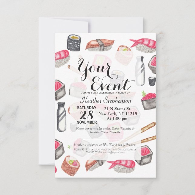 Cute Trendy Watercolor Sushi Sake and Chopsticks Invitation (Front)