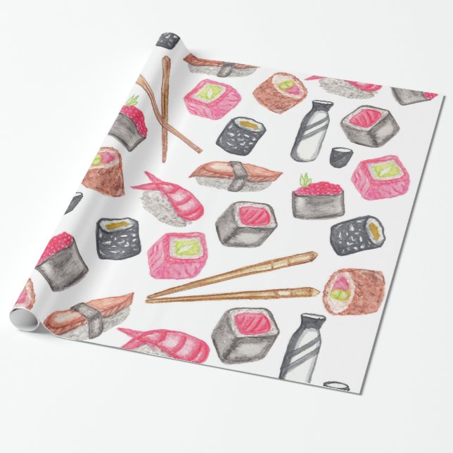 Cute Trendy Watercolor Sushi Sake and Chopsticks Wrapping Paper (Unrolled)