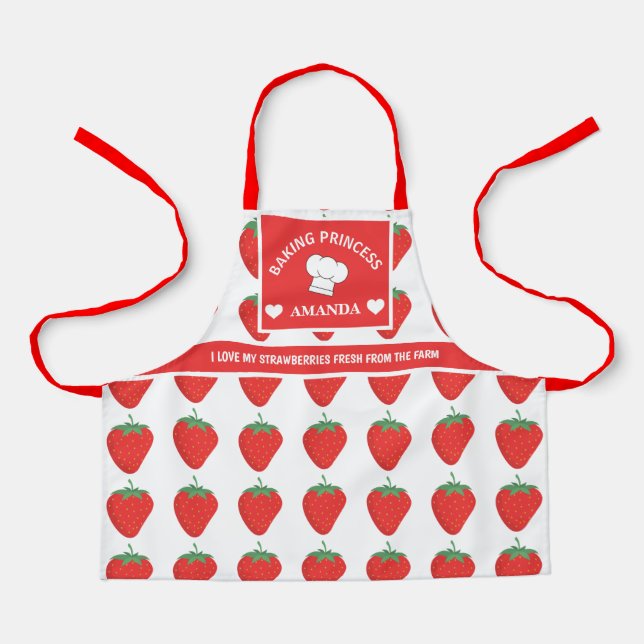 Cute Trendy White & Red Strawberry Custom Kid's Apron (Front)