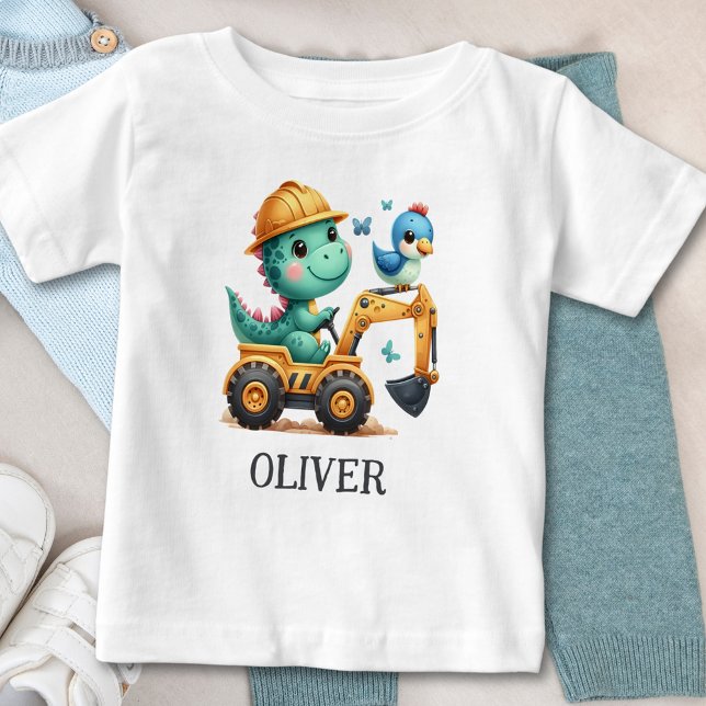 Cute Trex Dinosaur Driving a Construction Vehicle Baby T-Shirt (Creator Uploaded)