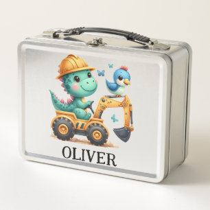 Cute Trex Dinosaur Driving a Construction Vehicle Metal Lunch Box