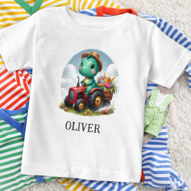 Cute Trex Dinosaur Driving a Red Tractor Baby T-Shirt (Creator Uploaded)