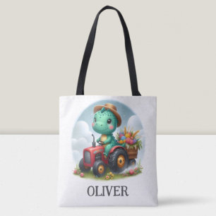Cute Trex Dinosaur Driving a Red Tractor Tote Bag