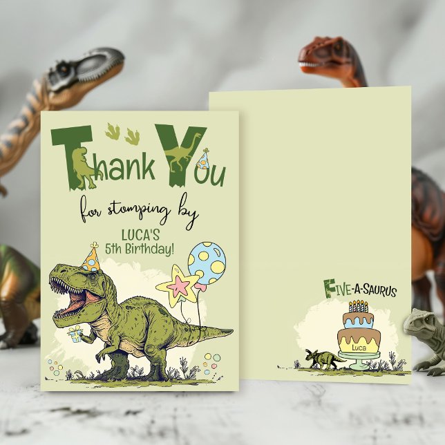 Cute TRex Dinosaur Five-Rex Boy 5th Birthday Party Thank You Card (Funny custom name Five-a-saurus Dinosaur Jurassic green 5th birthday party thank you for stomping by)