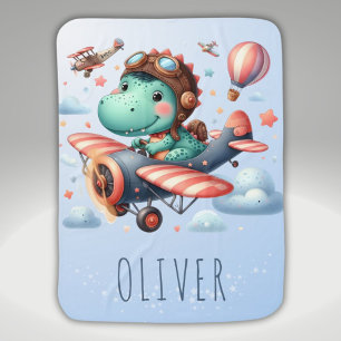 Cute Trex Dinosaur Flying a Charming Aeroplane Baby Blanket