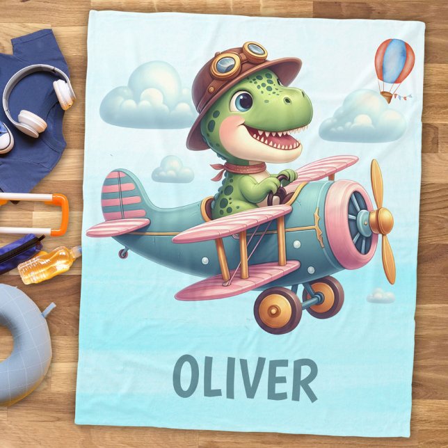 Cute Trex Dinosaur Flying a Charming Aeroplane Fleece Blanket (Creator Uploaded)