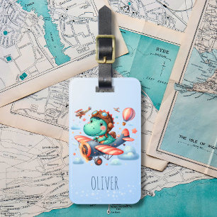 Cute Trex Dinosaur Flying a Charming Aeroplane Luggage Tag