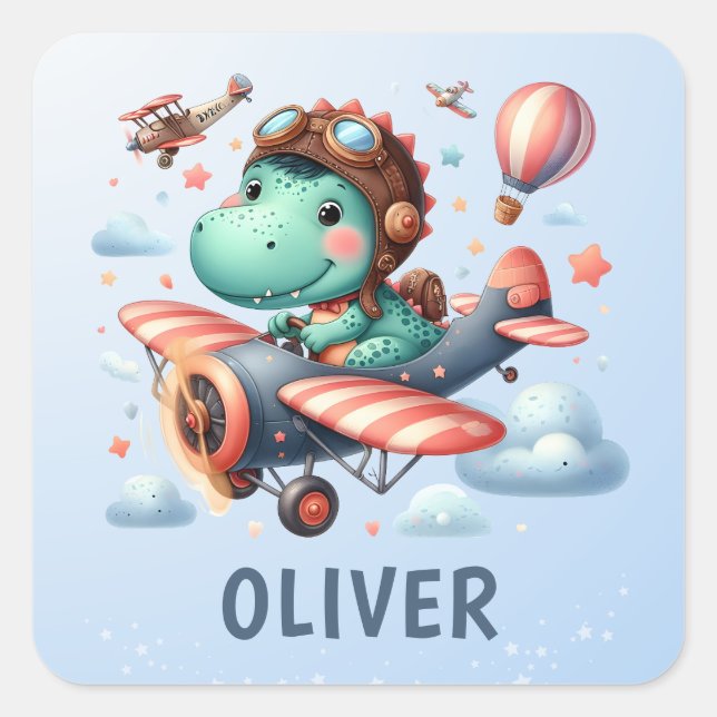 Cute Trex Dinosaur Flying a Charming Aeroplane Square Sticker (Front)