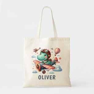 Cute Trex Dinosaur Flying a Charming Aeroplane Tote Bag