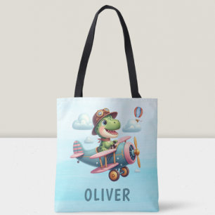 Cute Trex Dinosaur Flying a Charming Aeroplane Tote Bag