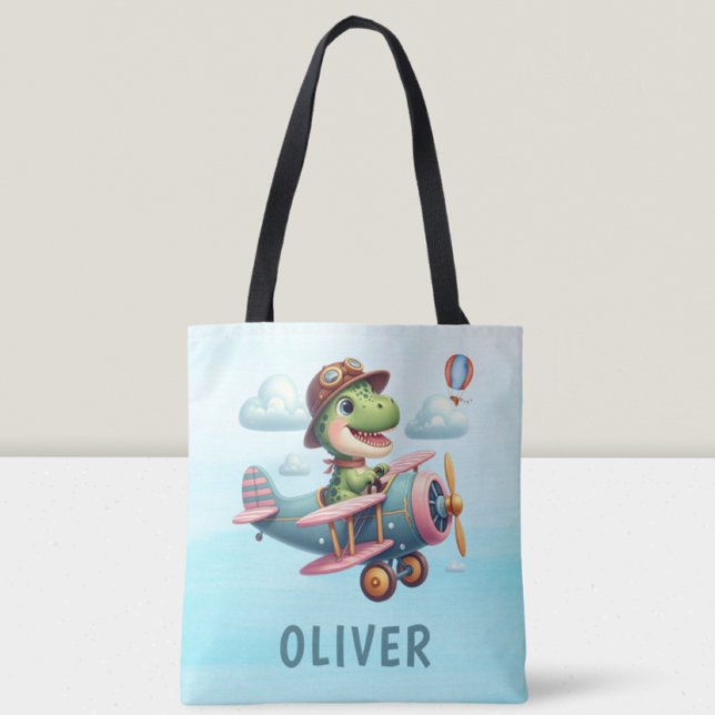 Cute Trex Dinosaur Flying a Charming Aeroplane Tote Bag (Creator Uploaded)