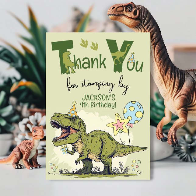 Cute TRex Dinosaur Four-Rex Boy 4th Birthday Party Thank You Card (Funny custom name Four-Rex Dinosaur Jurassic green Dino 4th birthday party thank you for stomping by)