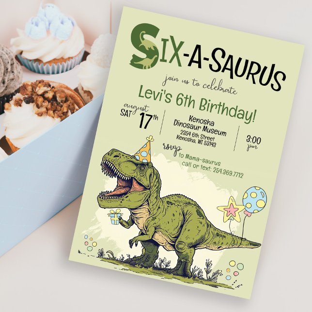 Cute TRex Dinosaur Six-A-Saurus 6th Birthday Party Invitation (Cute Cartoon T-Rex Dinosaur wearing birthday hat, Six-A-Saurus sixth 6th birthday party invitation)