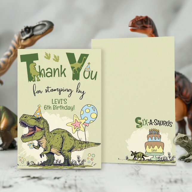 Cute TRex Dinosaur Six-A-Saurus 6th Birthday Party Thank You Card (Cute 6-Rex T-Rex Dinosaur Six-A-Saurus sixth Jurassic Dino 6th boy birthday party thank you stomping)