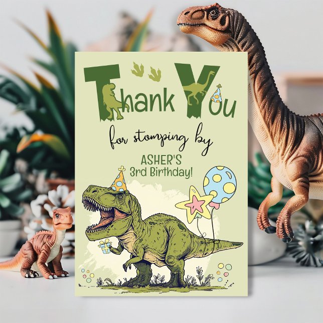 Cute TRex Dinosaur Three-Rex 3rd Birthday Party Thank You Card (Funny custom name Three-Rex Dinosaur Jurassic green Dino 3rd birthday party thank you stomping card)