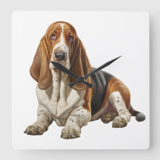 CUTE TRI-COLORED BASSET HOUND DOG SQUARE WALL CLOCK