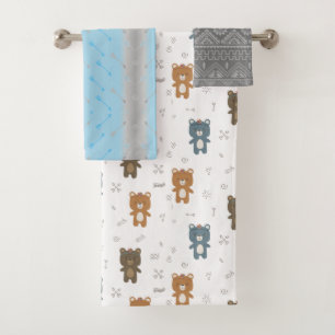Cute Tribal Bears Grey and Blue Bath Towel Set