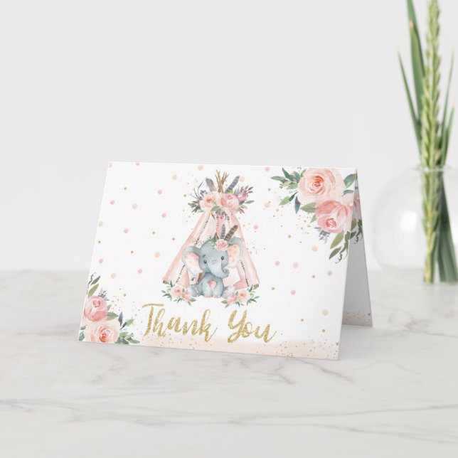 Cute Tribal Elephant Birthday Baby Shower Folded   Thank You Card (Front)