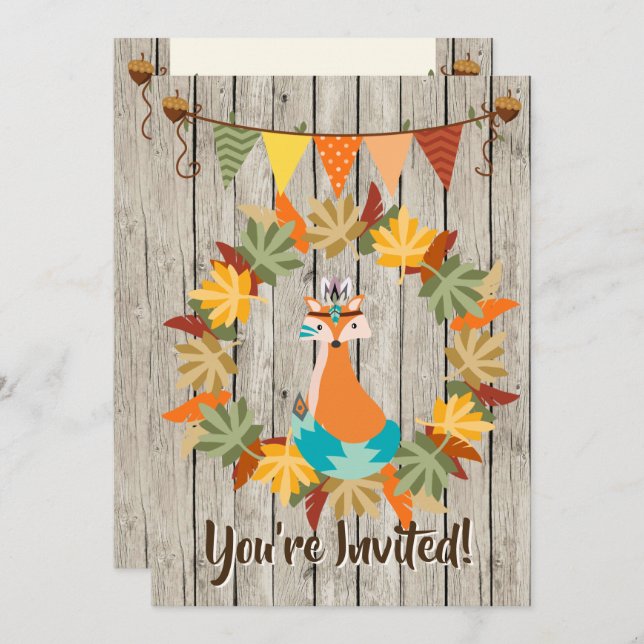 Cute Tribal Fox and Wreath Autumn Birthday Invitation (Front/Back)