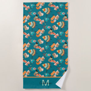 Cute Tribal Fox Pattern Monogram Beach Towel