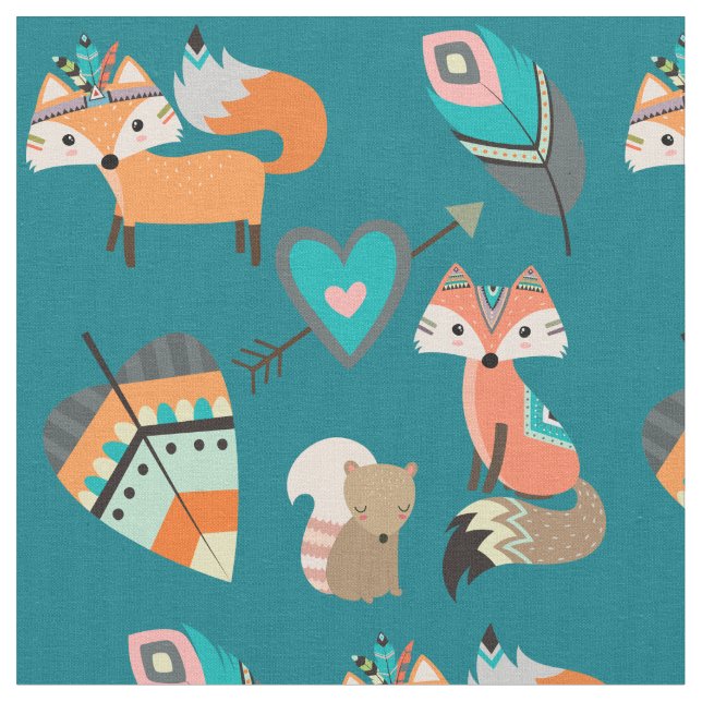 Cute Tribal Foxes on Teal Fabric (Close Up)